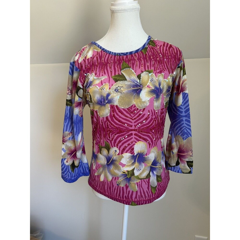 Havenbleu Y2k Medium Pink Floral Sequin Top 3/4 Sleeve Tropical Hibiscus Stretch